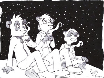 anthro bottomwear closed_smile clothing container cup group head_tuft holding_container holding_cup holding_mug holding_object jacket looking_up male male_anthro mouth_closed mug pants sitting smile star steam topwear trio tuft pandapaco art_(pandapaco) parinton bear canid canine fox giant_panda mammal procyonid raccoon 2011 dated monochrome signature sketch