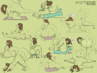 anthro bodily_fluids breast_expansion breasts butt butt_expansion expansion female growth hair height multiple_poses multiple_positions non-mammal_breasts null pose solo sweat text yoga conditional_dnp lustylamb reptile scalie absurd_res english_text hi_res