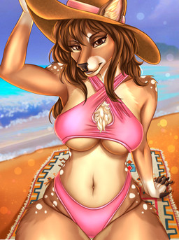 anthro beach_towel big_breasts bikini biped breasts brown_body brown_eyes brown_fur brown_hair chest_tuft clothed clothed_anthro clothed_female clothing day detailed_background female fingers front_view fur hair hat headgear headwear humanoid_hands inner_ear_fluff long_hair looking_at_viewer markings navel outside pink_bikini pink_clothing pink_swimwear pose sand sea sitting skimpy solo spots spotted_markings sun_hat swimwear tan_body tan_fur towel tuft two-piece_swimsuit water white_body white_fur moonymoth eri_(feral.) deer mammal 2023 bad_metadata colored half-length_portrait hi_res md5_mismatch pinup portrait shaded