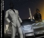 anthro biped black_body black_fur brown_body brown_fur car cigar city city_background cityscape clothed clothing duo ear_piercing ear_ring earpiece eyewear facial_hair fur goatee hand_in_pocket holding_object holster male necktie night outside piercing pockets ring_piercing sky standing star starry_sky suit sunglasses text urban vehicle conditional_dnp renthedragon rolls-royce amjad_el-amin_(renthedragon) walt_murphy_(renthedragon) anubian_jackal canid canine canis jackal mammal 2021 english_text