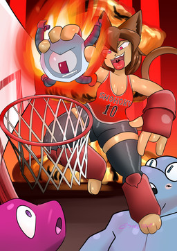 action_pose basketball black_bottomwear black_clothing black_nose black_pants bottomwear brown_hair clothed clothing dunking explosion fingerless_gloves gloves grey_body group hair handwear looking_at_another machine nuclear_bomb open_mouth pants pose red_body red_clothing red_fingerless_gloves red_gloves red_handwear shirt short_hair sportswear tank_top teeth tongue tongue_out topwear sarctrue gameoverse glitch_productions flappers_(gameoverse) gobbles_(gameoverse) kaboodle_(gameoverse) kit_bodega aquatic cetacean dinosaur dolphin domestic_cat felid feline felis mammal prehistoric_species reptile robot saurischian scalie theropod toothed_whale tyrannosaurid tyrannosauroid tyrannosaurus tyrannosaurus_rex absurd_res hi_res meme