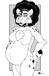 afro anthro belly big_belly breasts chest_tuft choker choker_only ear_piercing ear_ring fangs featureless_breasts female fist fur hair half-closed_eyes hand_on_belly hand_on_butt jewelry jewelry_only markings narrowed_eyes navel necklace necklace_only nude open_mouth outie_navel piercing pregnant pregnant_anthro pregnant_female ring_piercing smile solo spots spotted_body spotted_fur standing teeth tuft marcushunter aisha_masters felid mammal prehistoric_species saber-toothed_tiger 2023 monochrome signature