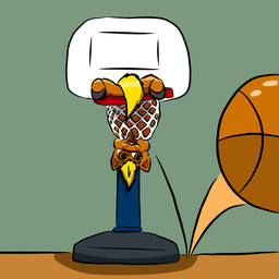ambiguous_feral ambiguous_gender ball basketball_(ball) basketball_hoop blonde_hair bounce brown_body brown_eyes brown_fur feral fur hair happy looking_at_object open_mouth open_smile smile solo stuck tail upside_down yellow_tail young young_ambiguous young_feral qwertytf fluffy_pony fluffy_pony_(species) mammal 1:1 2025 digital_media_(artwork) hi_res shaded