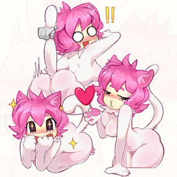 animal_ears blowing_kiss blue_eyes blush breasts butt covering covering_mouth exclamation_point eyelashes fangs female glistening glistening_eyes hair handpaw inner_ear_fluff kneeling looking_back medium_breasts open_mouth paws pink_hair rear_view side_boob smile solo sparkles sparkling_eyes suggestive_pose tail tail_grab tail_pull teeth tuft white_body mskittypawz telegram nekochan animal_humanoid felid felid_humanoid feline feline_humanoid humanoid mammal mammal_humanoid 1:1 2026 digital_drawing_(artwork) digital_media_(artwork) multiple_scenes