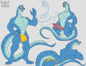 2_penises anthro anthrofied balls blue_body blue_scales blush butt clothing erection fangs genitals glans humanoid_genitalia humanoid_penis long_tail male multi_genitalia multi_penis muscular muscular_anthro non-mammal_balls penis scales simple_background solo speedo swimwear tail teeth yellow_clothing yellow_eyes yellow_speedo yellow_swimwear daikuhiroshiama disney zootopia gary_de'snake legged_snake pit_viper reptile scalie snake viper hi_res