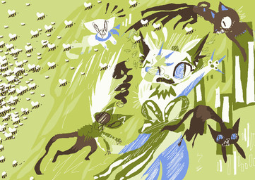 ambiguous_gender anthro blue_sclera brown_body brown_fur female feral flying fur grass green_body green_fur green_ribbon group open_mouth plant surprised white_body white_fur naircat bovid caprine domestic_cat felid feline felis mammal sheep 2017 digital_drawing_(artwork) digital_media_(artwork) microsoft_paint_(artwork)
