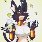 anthro black_body black_fur breasts cheek_tuft facial_tuft female food fruit fur green_background inner_ear_fluff juggling lime plant red_eyes simple_background smile solo tuft white_body white_fur yellow_sclera swiwwel bacardi_(muart242) domestic_cat felid feline felis mammal 1:1 2024 absurd_res digital_drawing_(artwork) digital_media_(artwork) hi_res