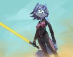 anthro blue_hair bodysuit breasts clothing energy_sword female fingerless_gloves fur gloves green_eyes hair handwear holding_object holding_weapon lightsaber markings melee_weapon skinsuit solo sword tight_clothing weapon yellow_lightsaber edtropolis nintendo star_fox star_wars krystal_(star_fox) canid canine fox mammal 2020 crossover hi_res signature