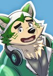 anthro electronics eyebrows fur green_body green_fur headphones headphones_around_neck kerchief looking_at_viewer male shy solo thick_eyebrows ksky21 lifewonders live_a_hero mokdai canid canine canis domestic_dog mammal hi_res