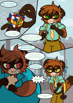 5_fingers accessory adolescent anthro backpack belt blue_clothing blue_shirt blue_text blue_topwear blush bodily_fluids bottomwear brown_belt brown_bottomwear brown_clothing brown_pants buckle buckteeth charm_(jewelry) clothed clothing color_coded_text dialogue digit_ring duo ears_down eyewear facial_markings fingers flower flying_sweatdrops fully_clothed glasses gloves_(marking) gold_ring green_clothing green_sclera green_shirt green_text green_topwear grin half-closed_eyes head_markings holding_object jewelry looking_at_another looking_away male markings mask_(marking) motion_lines narrowed_eyes necktie nerd outside overweight pants pivoted_ears plant red_eyes ring round_ears shirt slim smile speech_bubble standing sunflower sweat sweatdrop teeth text thick_lines toony topwear tremble_lines wearing_glasses wedding_ring yellow_backpack yellow_necktie yellow_sclera young young_anthro young_male coffeeco conditional_dnp rubik's_cube pompo_sunflower ruy_sunflower 2025 comic digital_drawing_(artwork) digital_media_(artwork) english_text hi_res shaded adult_(lore) half_brother_(lore)