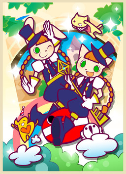 anthro blonde_hair boots bottomwear clothing duo female footwear gloves green_eyes hair handwear hat headgear headwear necktie one_eye_closed open_mouth orange_hair party_hat rainbow shoes short_sleeves shorts smile top_hat saku_no135 bemani konami pop'n_music pop'n_music_20_fantasia b-kun mimi_(pop'n_music) nyami_(pop'n_music) shishamo_(pop'n_music) domestic_cat felid feline felis mammal hi_res