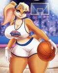 anthro ball basketball basketball_(ball) basketball_court basketball_uniform big_breasts blonde_hair breasts buckteeth cleavage clothed clothing curvy_figure female fur gloves hair handwear midriff shirt short_tail smile solo sportswear tail tan_body tan_fur tank_top teeth text text_on_clothing text_on_shirt text_on_tank_top text_on_topwear thick_thighs topwear uniform voluptuous wide_hips missmixi looney_tunes space_jam warner_brothers lola_bunny lagomorph leporid mammal rabbit english_text hi_res