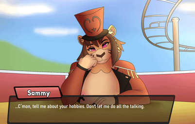 anthro brown_hair clothed clothing female hair hat headgear headwear looking_at_viewer pink_eyes shoulder_pads simple_background solo text text_box top_hat photolol.03 in_heat_(game) sammy_(in_heat) felid feline mammal pantherine tiger animated animated_gif hi_res short_playtime
