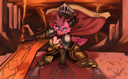 action_pose armor blue_eyes bodily_fluids breasts canyon cape cleavage clothed clothing detailed_background fangs female gauntlets gloves greatsword halo handwear holding_melee_weapon holding_object holding_sword holding_weapon horn melee_weapon orange_grass outside pink_body pink_scales pose red_sky scales shoulder_guards sky sliding solo sweat sweatdrop sword tail teeth warrior wasteland weapon fenceil akira_slide atlyss kubold_(atlyss) 2025 absurd_res hi_res