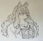 anthro big_breasts blank_expression breasts female fur hair long_hair piercing slightly_chubby slightly_chubby_anthro slightly_chubby_female solo dynogreeno lifewonders tokyo_afterschool_summoners hekate_(tas) canid canine mammal hi_res monochrome traditional_media_(artwork)