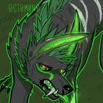 ambiguous_gender bared_teeth big_fangs black_nose black_sclera cheek_tuft facial_tuft fangs feral fur glowing glowing_eyes green_mane green_tongue grey_body grey_fur mane neck_tuft solo teeth tongue tuft 0ct0m0n0 canid mammal 1:1 artist_name