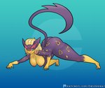 all_fours big_breasts blonde_hair breasts butt crawling crouching female fur green_eyes hair markings multicolored_body nipples nude pokemorph purple_body purple_fur simple_background smile solo spots spotted_body spotted_fur tail yellow_body yellow_fur dex_appeal nintendo pokemon felid feline generation_5_pokemon humanoid liepard mammal pokemon_(species) hi_res