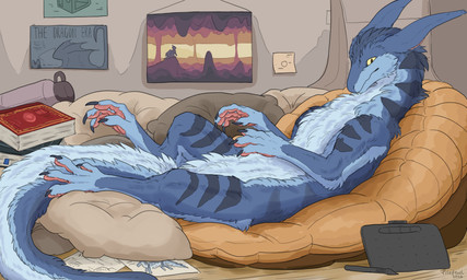 4_fingers 4_toes ambiguous_gender bean_bag big_ears blue_body blue_fur book bottle cheek_tuft claws container detailed_background drawing_tablet facial_tuft feet feral fingers fluffy full_foot_pawpads fur inside long_tail looking_at_viewer lying on_back on_bean_bag pawpads paws pillow pink_pawpads quadruped solo tail text toes tuft water_bottle yellow_sclera piledtail mythology piledtail_(character) dragon furred_dragon furred_scalie mythological_creature mythological_scalie scalie wingless_dragon 2026 absurd_res dated digital_drawing_(artwork) digital_media_(artwork) english_description english_text hi_res signature