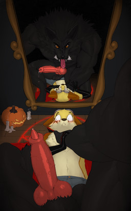 anthro big_knot black_body black_fur bottomwear claws clothed clothing duo eyewear fur genitals glasses jack-o'-lantern knot knotted_penis latex latex_clothing magic_user male male/male mirror occult_symbol pants penis pentagram pinning_down size_difference summoning summoning_circle symbol tongue tongue_out vein veiny_knot d4emon2 mythology malendraco_azrael canid canine fox mammal mythological_canine mythological_creature werecanid werecanine werecreature werewolf absurd_res hi_res