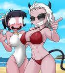 5_fingers abs accessory beach big_breasts bikini black_hair blush boat bow_ribbon breast_awe breasts breath clothing cloud cross duo eyewear female female/female fingers gesture grey_eyes hair hair_accessory hair_ribbon half-closed_eyes hand_gesture horn light_body light_skin looking_at_another looking_at_another's_breasts looking_at_breasts looking_at_viewer motion_lines muscular muscular_female muscular_humanoid narrowed_eyes nipple_outline one-piece_swimsuit outside panting pointing ponytail red_bikini red_clothing red_swimwear ribbons sea seaside short_hair side_boob sky smile standing sunglasses swimwear teeth thick_thighs two-piece_swimsuit under_boob vehicle water watercraft white_clothing white_hair white_swimwear wide_eyed sandwich-anomaly helltaker azazel_(helltaker) justice_(helltaker) angel angel_humanoid demon demon_humanoid humanoid 2021