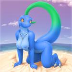 1:1 2015 all_fours anthro beach belly blue_anole blue_belly blue_body blue_nipples blue_skin breasts casual_nudity claws cloud dactyloid detailed_background eliza_(vader-san) exposure_variation female glistening glistening_body green_tail jewelry lizard navel necklace nipple_dip nipples non-mammal_breasts non-mammal_nipples nude outside pupils reptile sand scalie sea seaside sky slit_pupils smile solo tail toe_claws vader-san water