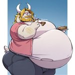 2_horns anthro arm_hair asgore_dreemurr beard belly big_belly big_butt bloated blonde_beard blonde_facial_hair blonde_hair blonde_mustache blush body_hair bottomwear bovid butt caprine clothing denim denim_bottomwear denim_clothing eating eating_food eating_pie facial_hair floppy_ears food goat hair hi_res horn huge_belly huge_moobs jeans long_ears love_handles male mammal mature_male musclegut muscular mustache obese obese_anthro obese_male overweight overweight_anthro overweight_male pants pastry pie pink_polo_shirt racesolar shirt solo thick_thighs tight_clothing topwear torn_clothing torn_shirt torn_topwear undertale_(series) white_clothing white_shirt white_topwear