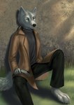 anthro barefoot biped clothed clothing feet fully_clothed fur grass green_eyes gun outside peaceful plant ranged_weapon sitting solo weapon white_body white_fur conditional_dnp latex_(artist) nephadius_stratus canid canine canis mammal wolf 2015 digital_media_(artwork)