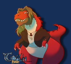 anthro beard brown_hair claws clothing facial_hair hair jacket jewelry leather leather_clothing leather_jacket leather_topwear logo male necklace pendant red_body red_eyes simple_background solo teeth topwear transparent_background goblinhordestudios dinosaur prehistoric_species reptile scalie theropod tyrannosaurid tyrannosauroid tyrannosaurus tyrannosaurus_rex 2015 alpha_channel artist_logo hi_res