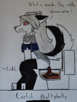 anthro bottomless clothed clothing collar crop_top dialogue feces feces_pile female kink_shaming pooping red_eyes shirt sitting sitting_on_toilet solo talking_to_viewer toilet toilet_bowl toilet_use topwear cartist hellaverse helluva_boss mythology loona_(helluva_boss) canid canid_demon canine demon hellhound mammal mythological_canine mythological_creature colored hi_res traditional_media_(artwork)