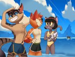 anthro calvin_mcmurray clothed clothing domestic_cat eyewear felid feline felis female group hi_res ivy_pepper jaypinho lackadaisy male mammal mordecai_heller partially_submerged rocky_rickaby sea seashell shell sunglasses swimming_trunks swimwear topless topless_male water