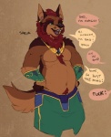 anthro clothed clothing dad_joke dialogue facial_hair fur hair male offscreen_character open_mouth profanity simple_background slightly_chubby smile solo standing text tongue topless conditional_dnp fluff-kevlar sabir_(fluff-kevlar) canid canine canis jackal mammal 2016 digital_media_(artwork) english_text father_(lore) father_and_child_(lore) parent_(lore) parent_and_child_(lore)