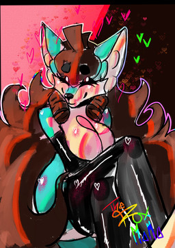 anthro black_body black_fur blue_body blue_fur brown_hair female fur hair happy long_hair pink_body pink_fur rainbow solo foxmama foxmama_(character) canid canine fox mammal absurd_res hi_res
