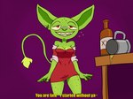 anthro bottomwear breasts butt cleavage clothed clothing clothing_lift cocktail_dress dress drunk female nails skirt skirt_lift solo substance_intoxication tongue tongue_out moitasart goblin humanoid 2d_animation animated short_playtime