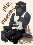 anthro belt biped black_body black_fur bottomwear chauffeur clothed clothing container cup fully_clothed fur gear green_eyes holding_container holding_cup holding_object male melanistic pants shirt sitting solo tank_top topwear whiskers chirenbo disney zootopia renato_manchas felid jaguar mammal pantherine absurd_res hi_res