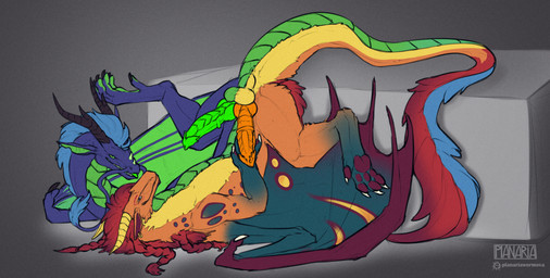 2_penises balls black-horn digitigrade duo ear_piercing ear_ring feral fur genitals green_body green_knot green_penis green_scales green_tongue hair herm horn intersex knot mane membrane_(anatomy) merging multi_genitalia multi_penis orange_body orange_fur orange_knot penis piercing presenting ring_piercing scales spread_legs spreading tail tail_tuft tongue tuft vulva wings yellow_horn planaria mythology azazelek hyper_(character) dragon furred_dragon furred_scalie mythological_creature mythological_scalie scalie absurd_res hi_res