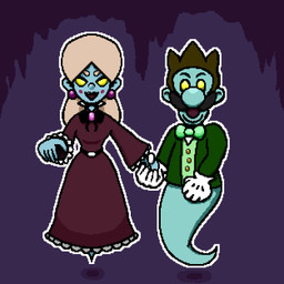 belt belt_buckle blonde_hair blue_body blue_skin bow_tie brown_hair buckle clothing dress duo ear_piercing facial_hair fancy_clothing female floating gem ghost_tail gloves hair hand_holding handwear jewelry long_hair long_sleeves makeup male mustache not_furry piercing purple_background simple_background smile smiling_at_viewer yellow_eyes naked_dan luigi's_mansion mario_bros nintendo luigi melody_pianissima ghost humanoid spirit 1:1 digital_media_(artwork) hi_res pixel_(artwork)