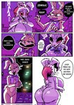 anthro big_breasts big_butt big_pupils border breasts buckteeth butt comic dilated_pupils duo eyelashes female five_nights_at_freddy's glitchtrap hi_res huge_breasts huge_butt lagomorph leporid male mammal naughty_face pupils rabbit rear_view red_sclera renita_reed scottgames spanish_text speech_bubble spots standing tail teeth text thick_thighs translation_request vanny_(fnaf) white_border wide_hips