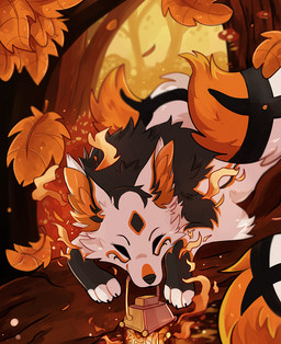 autumn black_body black_fur cheek_tuft detailed_background facial_tuft feral fire fur inner_ear_fluff lamp lantern leaf male mouth_hold multi_tail orange_body orange_fur outside plant solo tail tree tuft white_body white_fur sherwind canid canine fox mammal 2017 orange_theme warm_colors