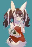 anthro black_hair black_nose bouquet breasts clothed clothing daisy_(flower) dress ear_piercing eyebrow_through_hair eyebrows eyes_closed eyewear female flower flower_bouquet fur gem glasses grey_body grey_fur grey_highlights hair highlights_(coloring) holding_bouquet holding_flower holding_object humanoid_hands jewelry long_hair necklace outline pearl_(gem) pearl_bracelet pearl_necklace piercing plant red_clothing red_dress round_glasses simple_background smile solo strapless_clothing strapless_dress teal_background translucent translucent_hair twintails_(hairstyle) wearing_glasses white_outline wide_hips onigiriad hybrid lagomorph leporid mammal mephitid rabbit skunk 2024 clip_studio_paint_(artwork) digital_drawing_(artwork) digital_media_(artwork) half-length_portrait hi_res portrait shaded