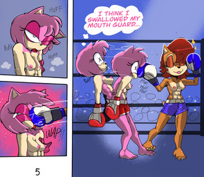 4_toes abs anthro areola auburn_hair barefoot bodily_fluids boxing_gloves boxing_shorts breasts breath brown_body brown_eyelids brown_fur bruised clothed clothing duo face_punch feet female fighting_ring fur hair handwear kickboxing mouthguard muscular muscular_anthro muscular_female nipples out_of_breath panting pink_body pink_eyelids pink_fur pink_nipples punch quills_(anatomy) saliva small_breasts smug stepping_on_foot sweat tan_arms tan_body tan_fur tan_soles text thought_bubble thoughts toes topless topless_anthro topless_female fellowthewulf sega sonic_the_hedgehog_(series) amy_rose sally_acorn eulipotyphlan hedgehog mammal rodent sciurid tree_squirrel comic english_text hi_res