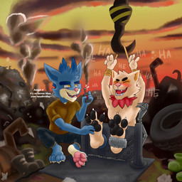 3_toes 4_fingers 4_toes anthro bdsm black_eyebrows black_pawpads blue_body blue_fur blue_hair blush bondage bound brown_clothing brown_shirt brown_topwear cheek_tuft claws clothing controller dialogue duo eyebrows eyes_closed facial_tuft fangs feet fingers foot_fetish fur fur_tuft hair head_tuft laugh male open_mouth open_smile pawpads paws pecs pink_nose pink_pawpads red_tongue remote_control restrained restrained_arms restrained_feet restraints robotic_arm rope rope_bondage shirt smile stocks talking_to_another teeth text tickle_fetish tickle_torture tickling tickling_armpits tickling_feet toe_claws toes tongue topwear tuft white_body white_fur yellow_eyes misterfuchs league_of_legends riot_games tencent rumble_(lol) teemo_(lol) yordle 1:1 english_text hi_res