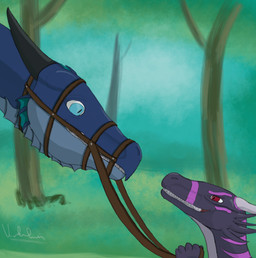anthro bdsm blue_eyes bondage bound bridle detailed_background duo feral fin forest grin horn male male/male muzzle_(object) muzzled outside plant red_eyes reins scales smile straps surprised teeth tree worried vokulnin_(artist) mythology vokulnin dragon mythological_creature mythological_scalie scalie absurd_res digital_media_(artwork) hi_res shaded signature
