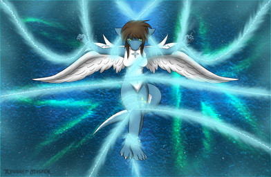 anthro arms_tied blue_body blue_fur bound bound_waist breasts brown_hair chain chained claws crossed_legs feathered_wings feathers female fur fur_markings glowing_chain green_eyes hair hands_tied legs_tied looking_at_viewer lowered_head markings nude solo spread_arms spread_wings tail white_body white_fur wings giru_(artist) mythology miryam_(giru) dragon furred_dragon furred_scalie mythological_creature mythological_scalie scalie hi_res