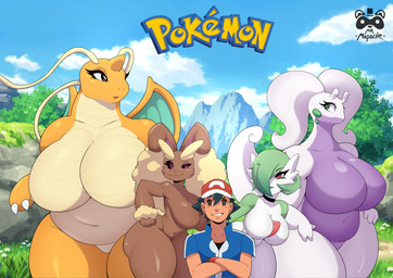 anthro big_breasts blush breasts brown_body brown_fur female fur green_hair group hair male male/female not_furry red_eyes tail text thick_thighs white_body wings mrmapache mythology nintendo pokemon ash_ketchum pokemon_trainer dragon dragonite gardevoir generation_1_pokemon generation_3_pokemon generation_4_pokemon generation_6_pokemon goodra human humanoid lagomorph lopunny mammal mythological_creature mythological_scalie pokemon_(species) scalie absurd_res digital_media_(artwork) hi_res