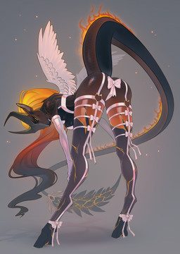 amber_eyes anthro bent_over female fire flaming_tail gradient_hair grey_hair hair horn long_hair long_tail multicolored_hair orange_hair ribbons solo tail two_tone_hair khomche mythology pompeii_(timberwolfl) dragon mythological_creature mythological_scalie scalie hi_res