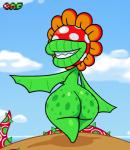 big_butt breasts butt cloud crossgender female green_body green_skin grin lips looking_back mtf_crossgender not_furry nude outside plant rear_view sharp_teeth smile solo teeth thick_lips vines nsfwoaf mario_bros nintendo super_mario_sunshine petey_piranha elemental_creature flora_fauna humanoid piranha_plant