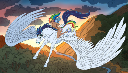 duo female feral flying forest male male/female plant riding river sky skyscape sunset tree wings youngdemon friendship_is_magic hasbro my_little_pony mythology rainbow_dash_(mlp) soarin_(mlp) wonderbolts_(mlp) equid equine horse human mammal mythological_creature mythological_equine pegasus absurd_res hi_res