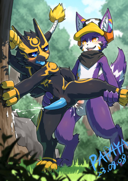 anal anal_orgasm anal_penetration animal_genitalia anthro anthro_on_anthro anthro_penetrated anthro_penetrating anthro_penetrating_anthro balls black_claws black_sclera blue_eyes blue_penis blue_tongue blurred_background blush bodily_fluids cheek_tuft claws cum cumshot duo ejaculation facial_tuft fangs fur genital_fluids genital_slit genitals glistening glistening_eyes grass grey_body grey_fur hands-free head_tuft inner_ear_fluff male male/male male_penetrated male_penetrating male_penetrating_male markings narrowed_eyes nude open_mouth orgasm outside_sex penetration penile penile_penetration penis penis_in_ass pink_tongue plant purple_body purple_fur rock sex spread_legs spreading standing standing_sex tapering_penis teeth tongue tree tuft wearing_hat white_balls white_body white_fur white_inner_ear_fluff yellow_eyes yellow_markings papayafurry 2023 dated hi_res signature
