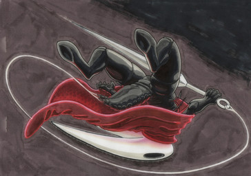 2_horns ambiguous_gender anthro arthropod_abdomen biped black_body black_eyes cloak clothing empty_eyes holding_melee_weapon holding_object holding_weapon horn melee_weapon midair pose red_cloak red_clothing solo thread weapon oddwarg hollow_knight_(franchise) team_cherry hornet_(hollow_knight) arachnid arthropod absurd_res hi_res female_(lore)