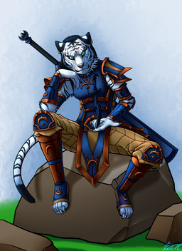 abstract_background anthro armor black_body black_fur black_hair claws clothed clothing dagger female fur hair looking_at_viewer melee_weapon piercing simple_background smile solo sword toe_claws weapon white_body white_fur conditional_dnp ratte microsoft the_elder_scrolls seras_(ra.helllord) domestic_cat felid feline felis khajiit mammal 2014 digital_media_(artwork) hi_res